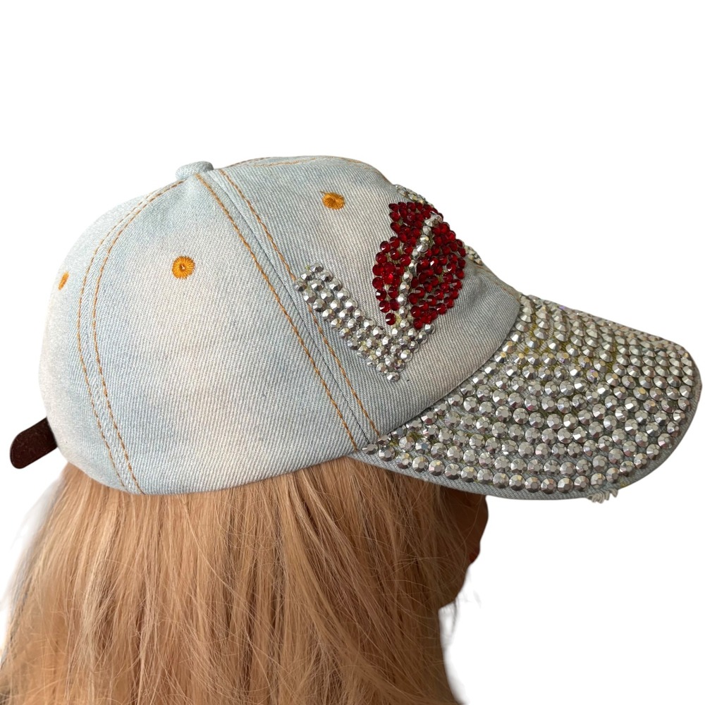 Y2K LOVE Rhinestone Lip Denim Baseball Cap Light Wash Distressed Hat McBling - Picture 9 of 10